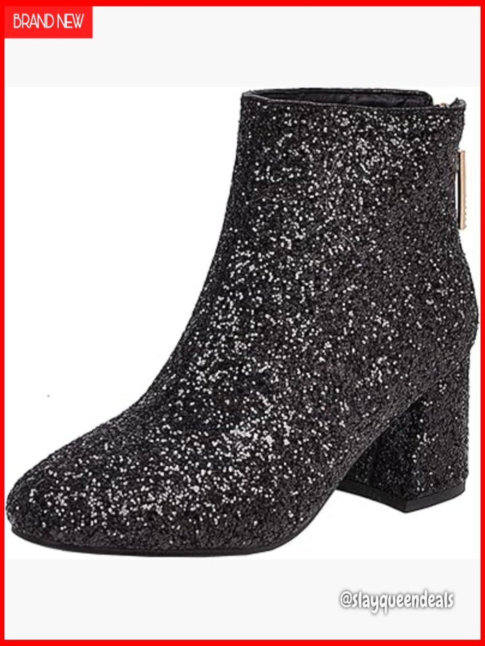Glitter Ankle Boots Chunky Heel Back Zipper Sparkly Wedding Party Shoes